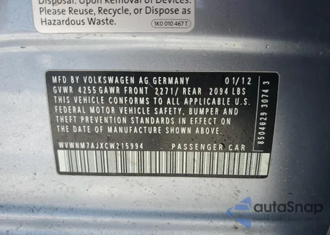 2012 Volkswagen Golf z USA, uszkodzony, nr VIN WVWNM7AJXCW215994